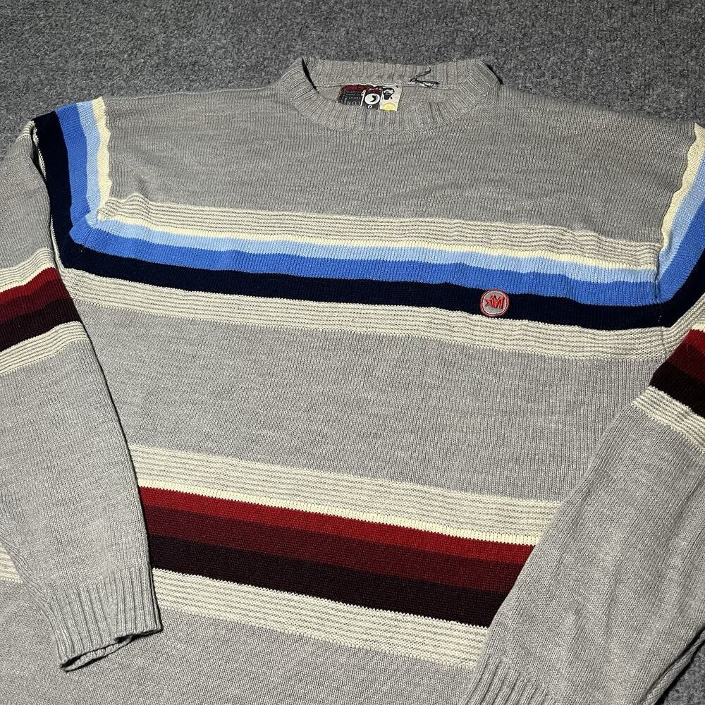 Vtg Mecca Sweater Mens Medium Pullover Gray Stripe Knit Hip Hop Y2K